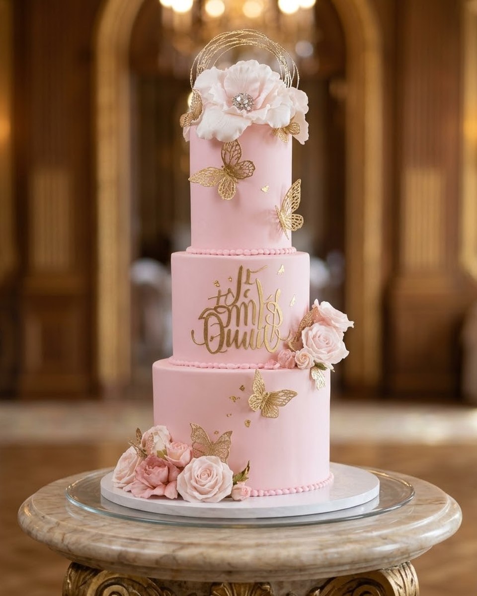 Pastel de tres pisos rosa y dorado con flores y mariposas