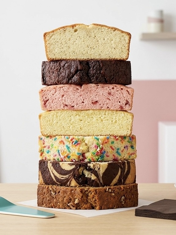 Rebanadas apiladas de distintos sabores de pastel
