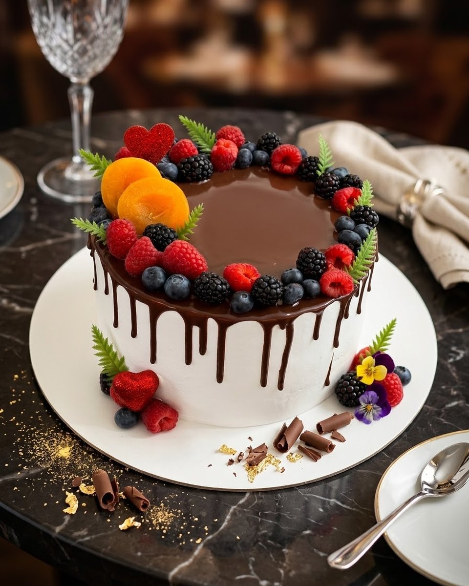 Pastel tres leches con ganache de chocolate y frutos rojos
